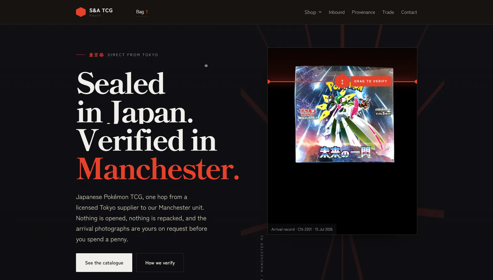S&A TCG Vault homepage with its Sealed in Japan, Verified in Manchester headline and drag-to-verify arrival scanner