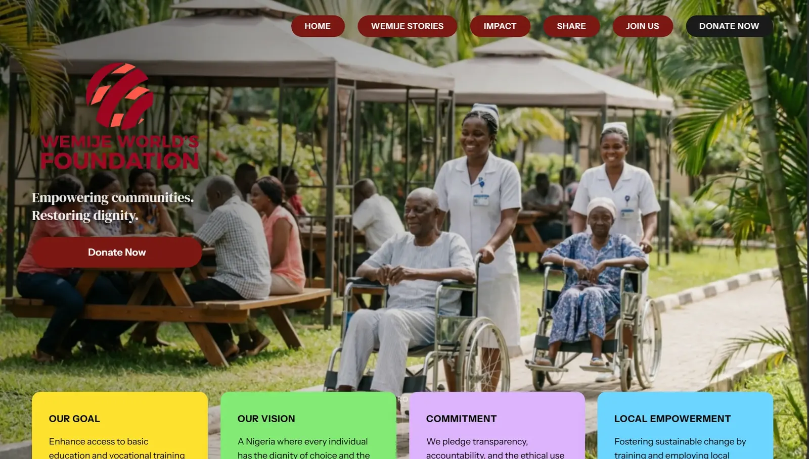 Wemije World Foundation homepage showing its goal, vision and local empowerment panels